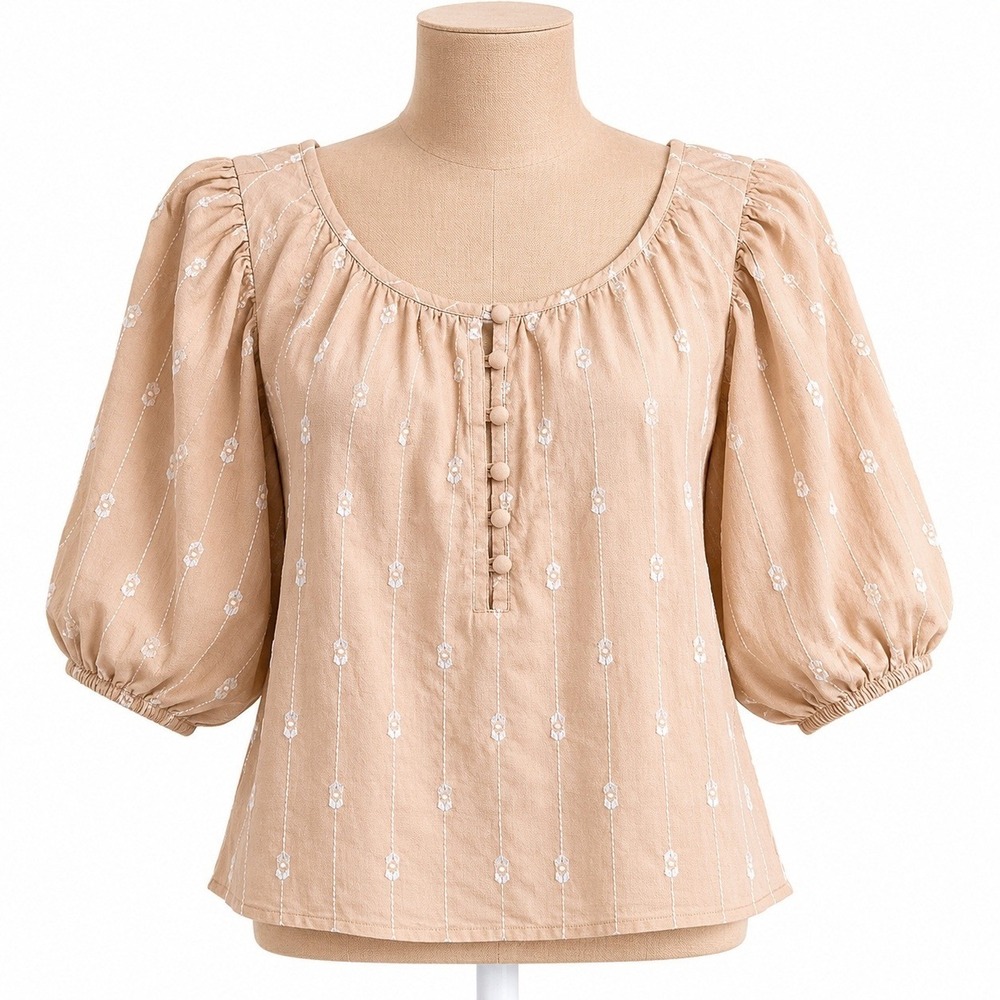 Embroidered Puff Sleeve Button Peasant Top Size S Tan Boho Cottagecore Prairie